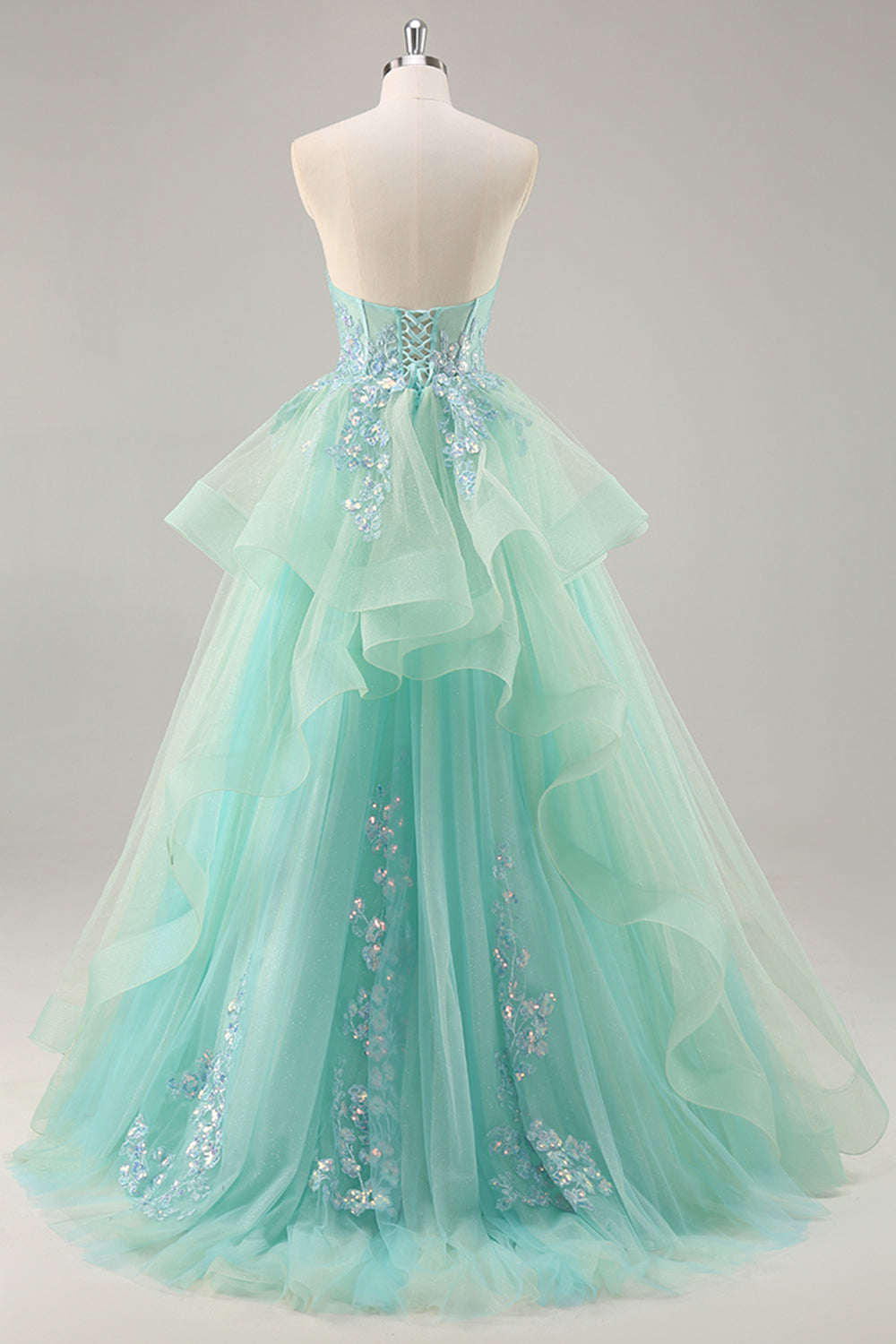 Sparkly Green Corset Strapless Maxi A Line Prom Dress with Ruffles