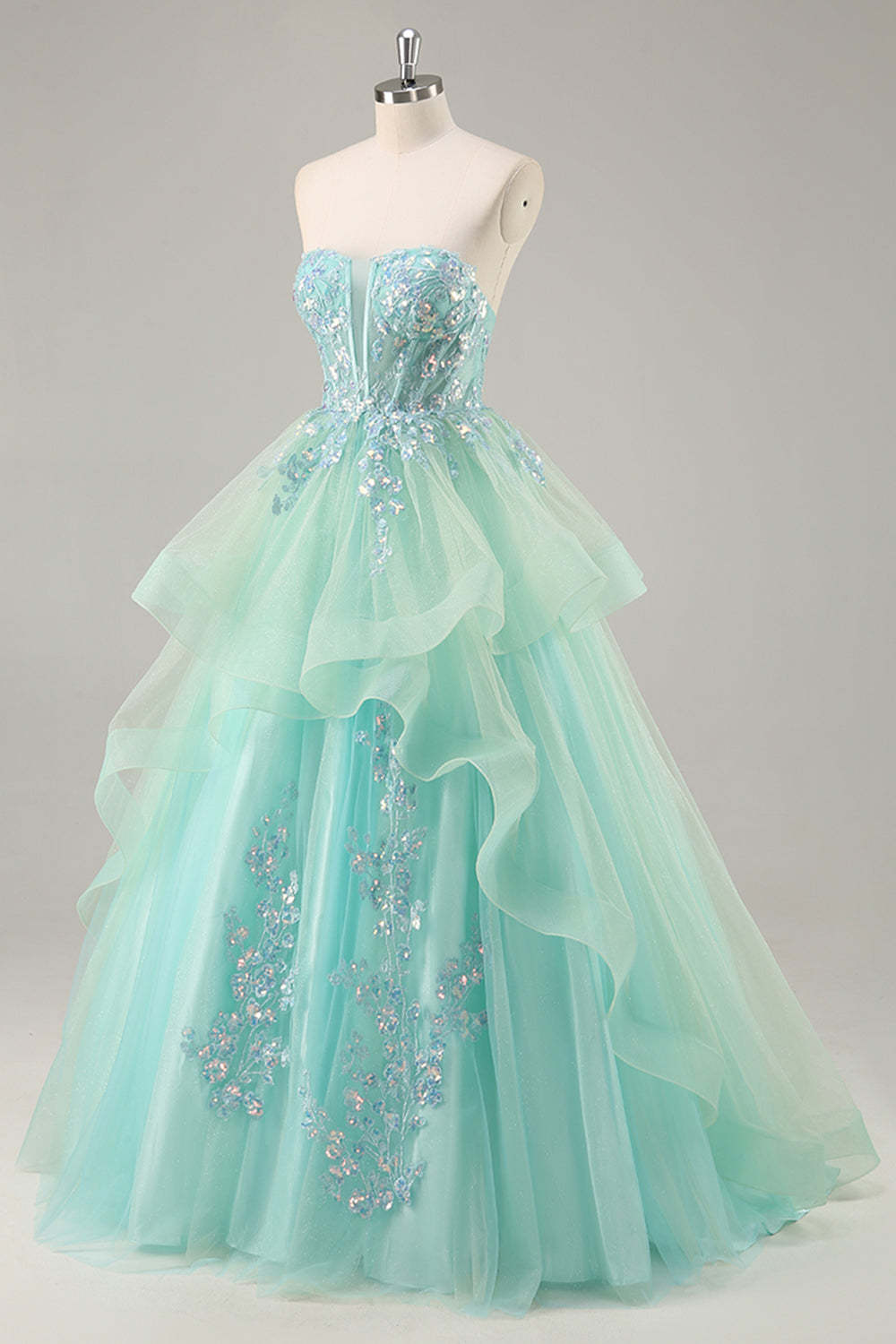 Sparkly Green Corset Strapless Maxi A Line Prom Dress with Ruffles