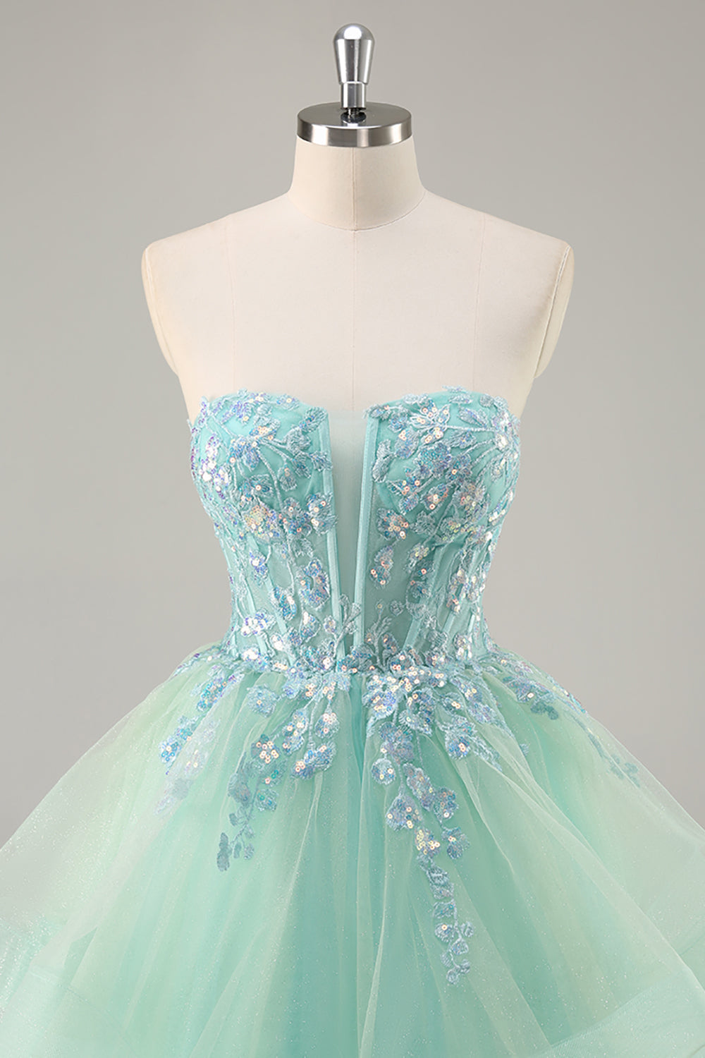 Sparkly Green Corset Strapless Maxi A Line Prom Dress with Ruffles