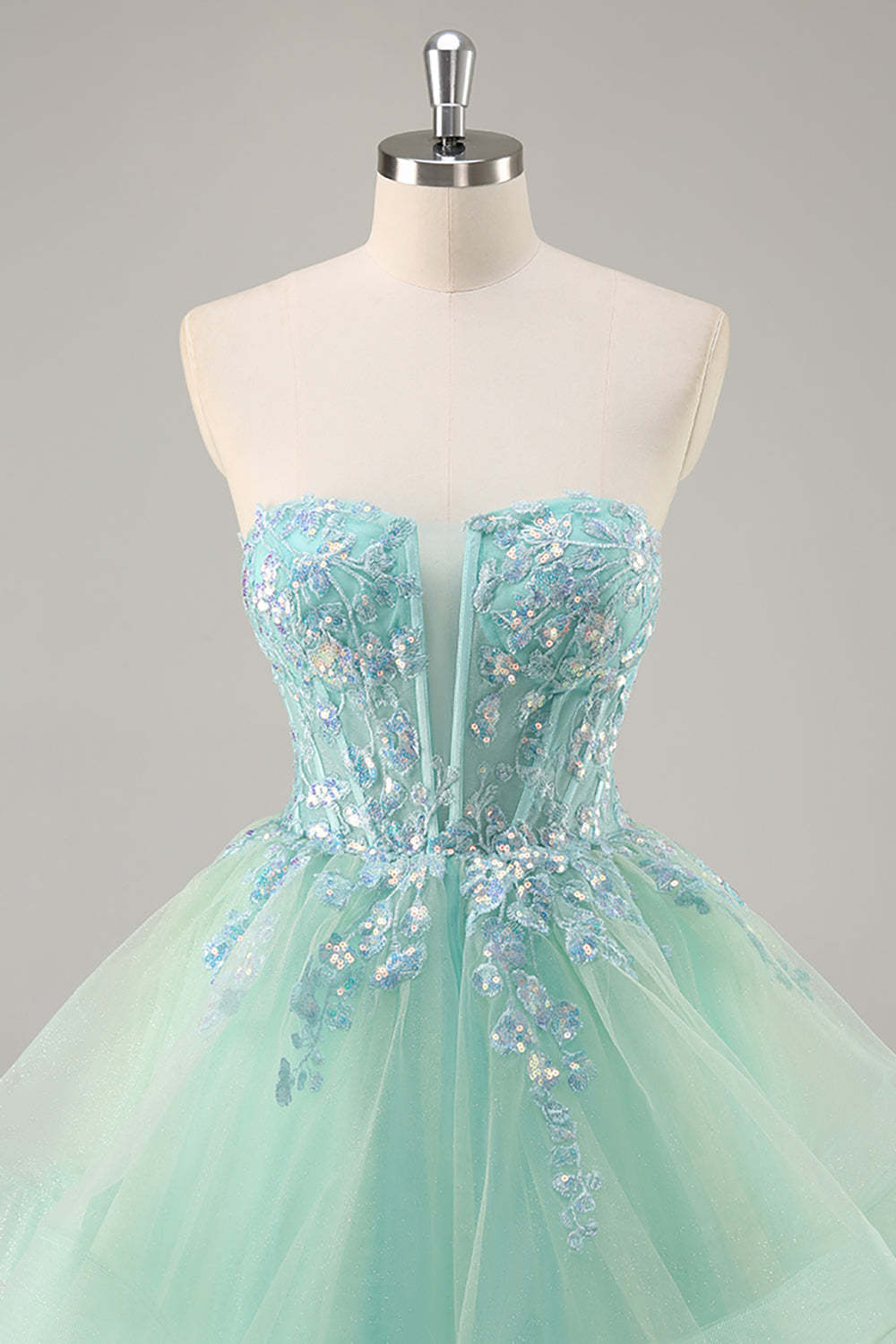 Sparkly Green Corset Strapless Maxi A Line Prom Dress with Ruffles