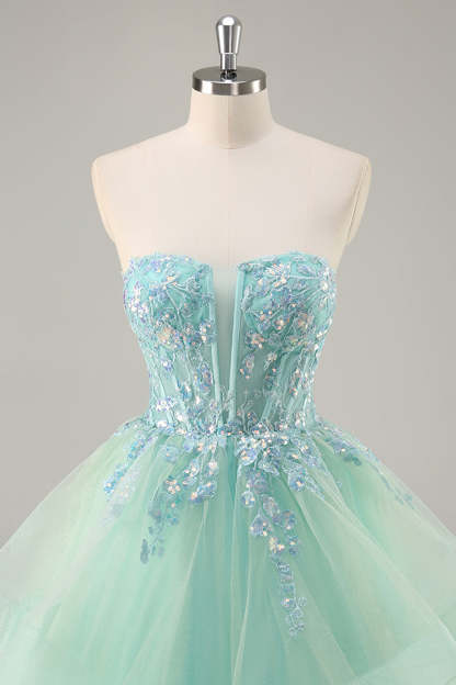 Sparkly Green Corset Strapless Maxi A Line Prom Dress with Ruffles