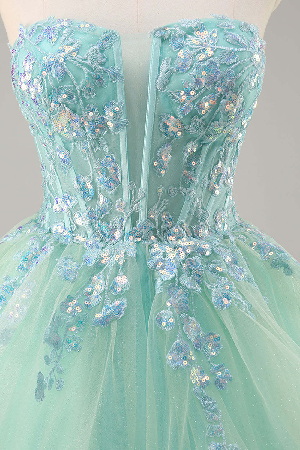 Sparkly Green Corset Strapless Maxi A Line Prom Dress with Ruffles