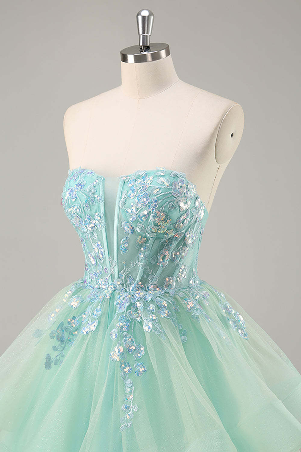 Sparkly Green Corset Strapless Maxi A Line Prom Dress with Ruffles