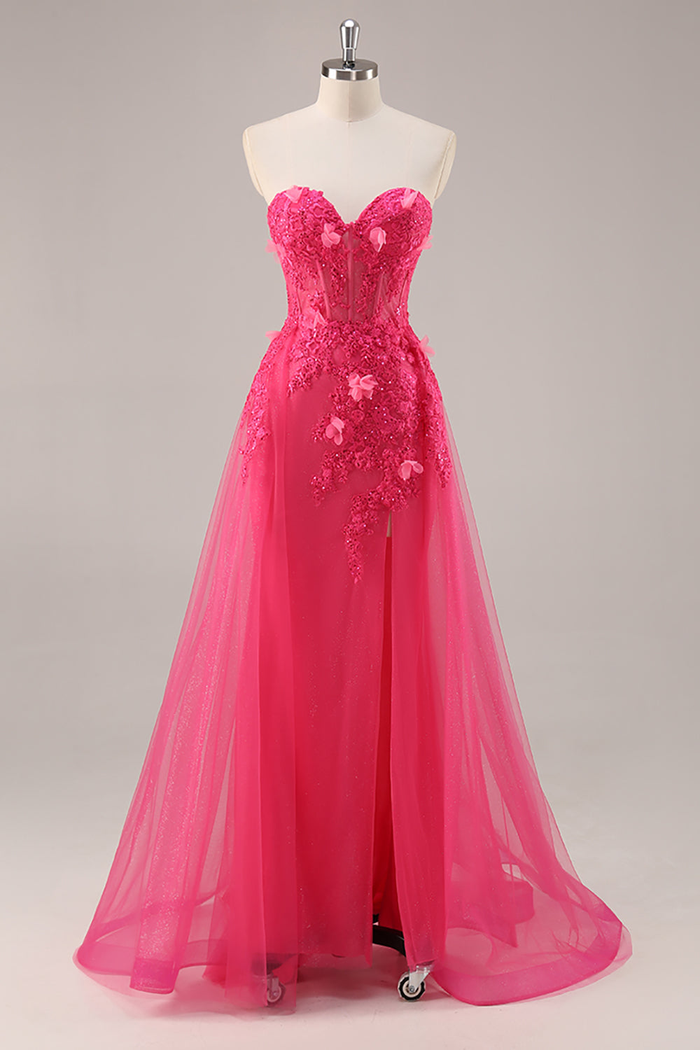 Fuchsia Floral Corset Sweetheart Appliqued Tulle Maxi Prom Dress with Slit