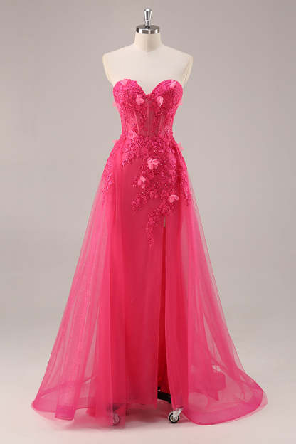 Leely Women Fuchsia Floral Corset Maxi Prom Dress with Slit Sweetheart A Line Tulle Sweet 16 Dress with Appliques