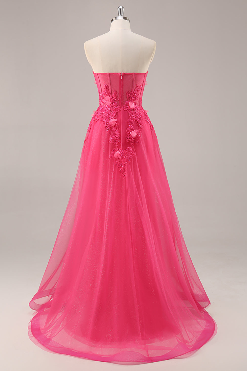 Fuchsia Floral Corset Sweetheart Appliqued Tulle Maxi Prom Dress with Slit