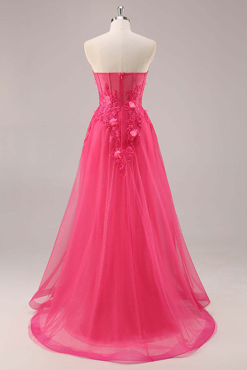 Fuchsia Floral Corset Sweetheart Appliqued Tulle Maxi Prom Dress with Slit