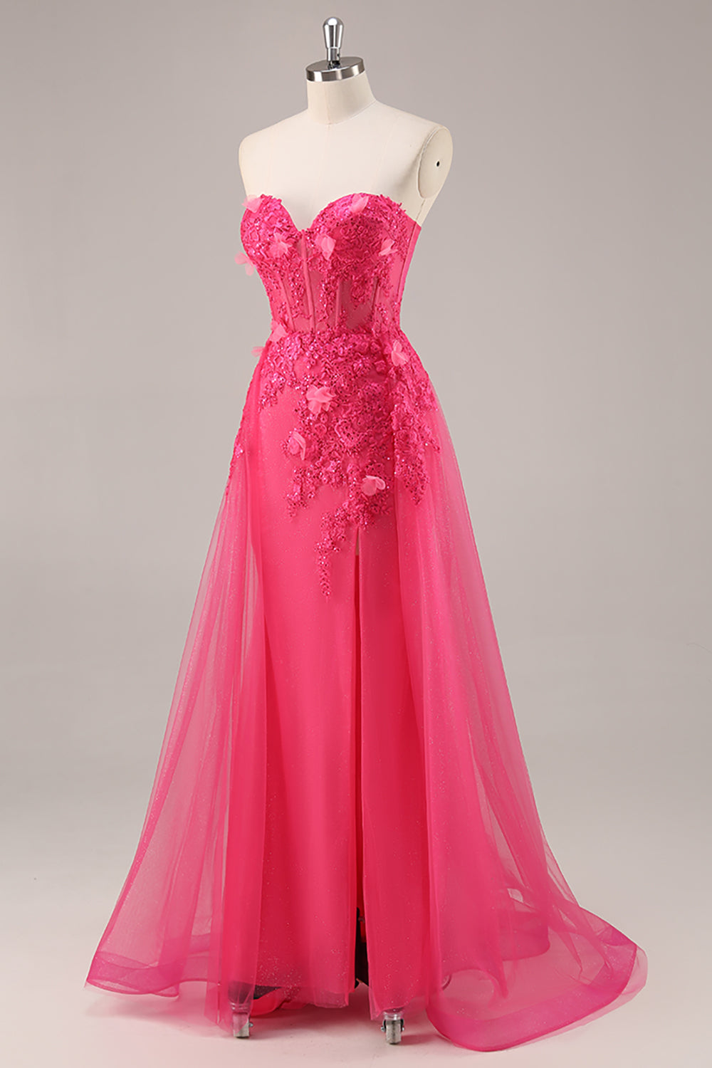 Fuchsia Floral Corset Sweetheart Appliqued Tulle Maxi Prom Dress with Slit