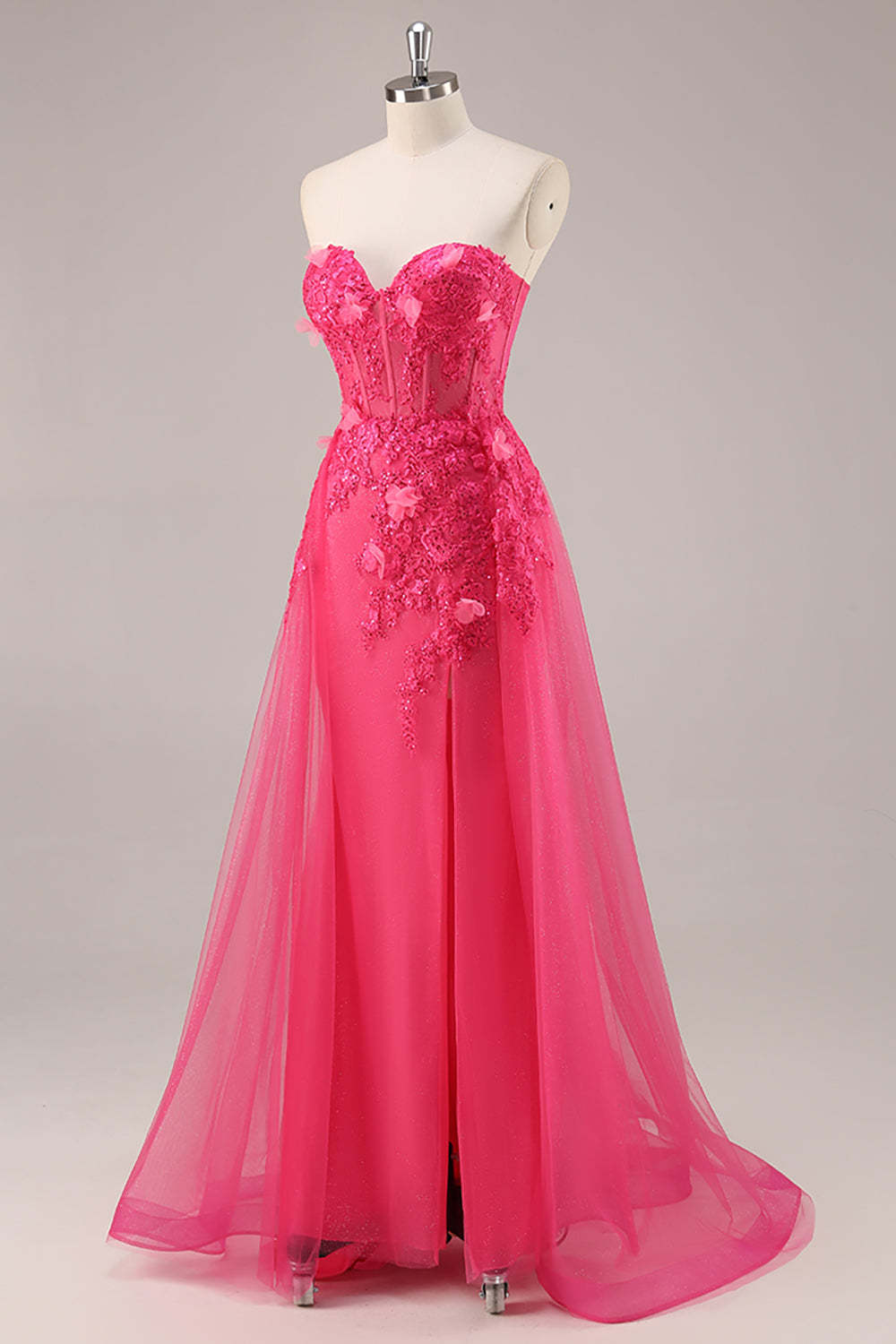 Fuchsia Floral Corset Sweetheart Appliqued Tulle Maxi Prom Dress with Slit