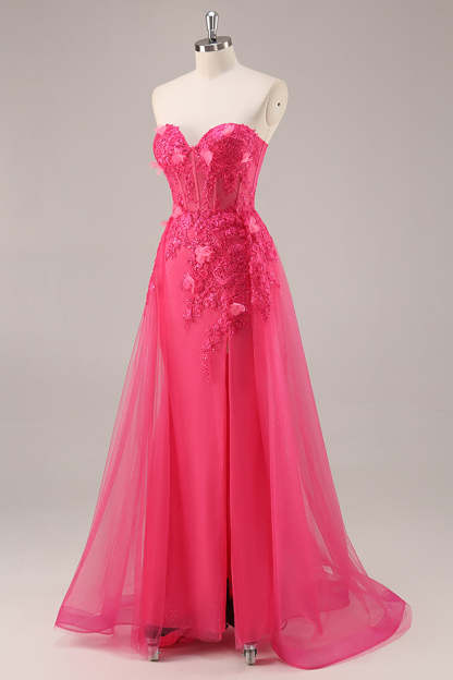 Fuchsia Floral Corset Sweetheart Appliqued Tulle Maxi Prom Dress with Slit