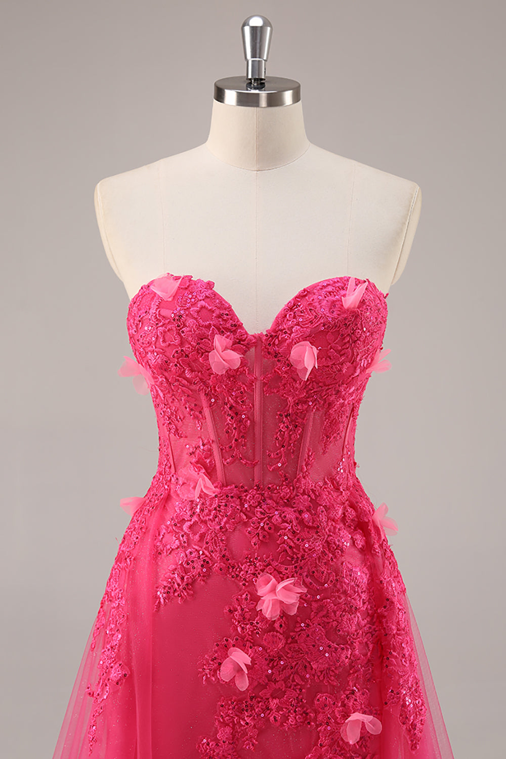 Fuchsia Floral Corset Sweetheart Appliqued Tulle Maxi Prom Dress with Slit