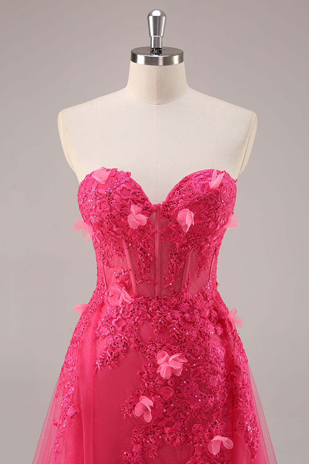 Fuchsia Floral Corset Sweetheart Appliqued Tulle Maxi Prom Dress with Slit