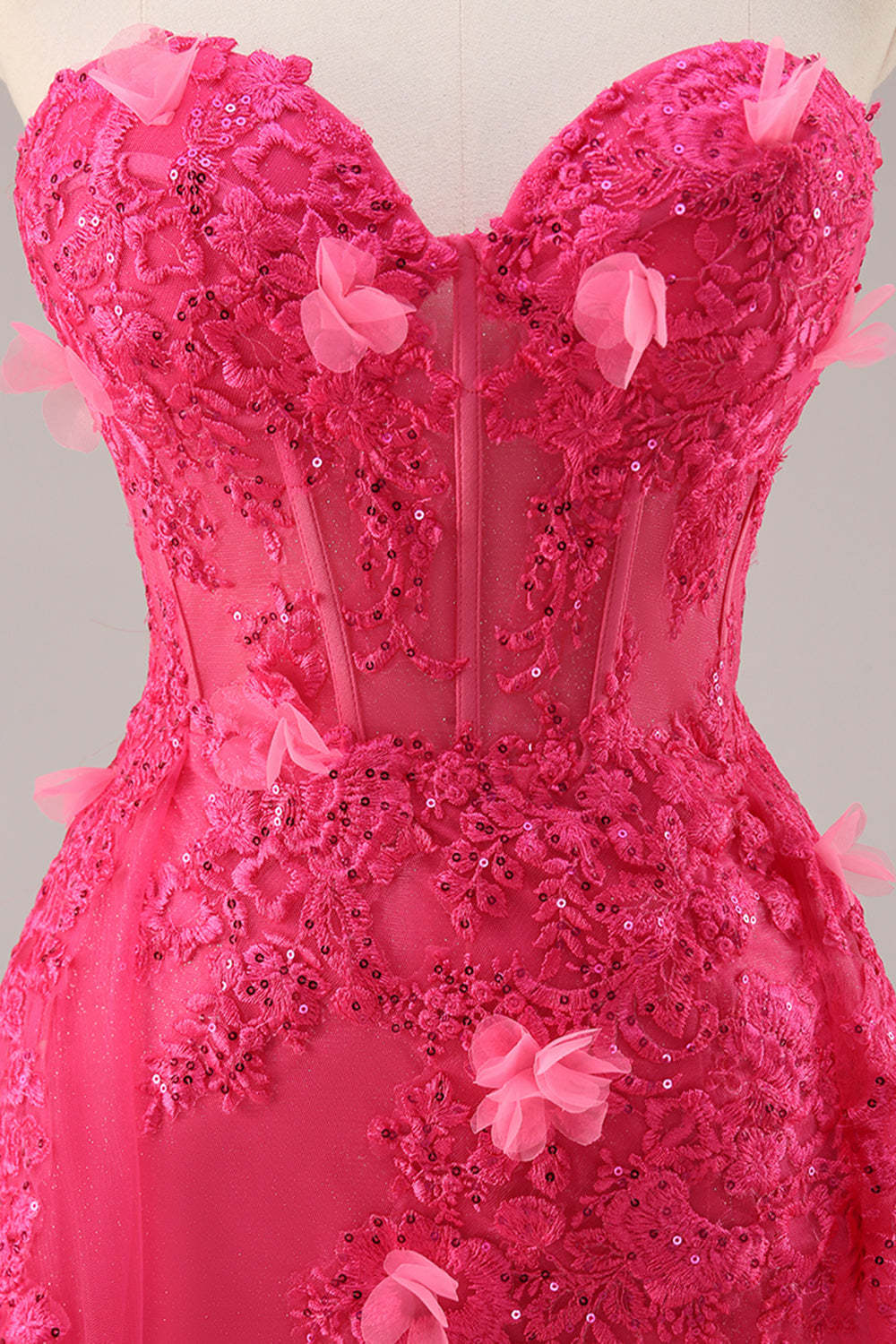 Fuchsia Floral Corset Sweetheart Appliqued Tulle Maxi Prom Dress with Slit