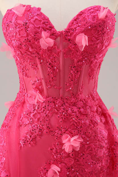 Fuchsia Floral Corset Sweetheart Appliqued Tulle Maxi Prom Dress with Slit
