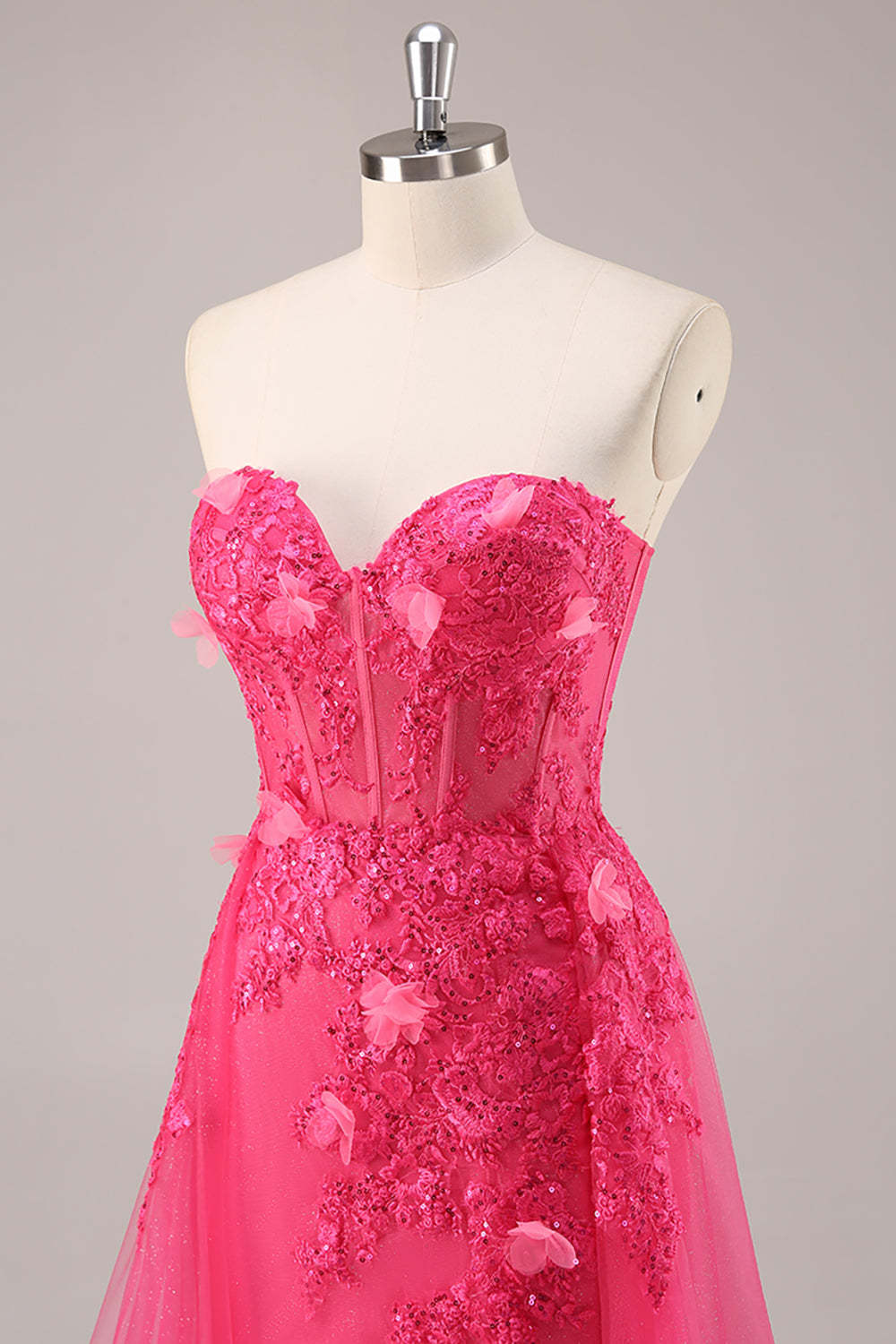 Fuchsia Floral Corset Sweetheart Appliqued Tulle Maxi Prom Dress with Slit
