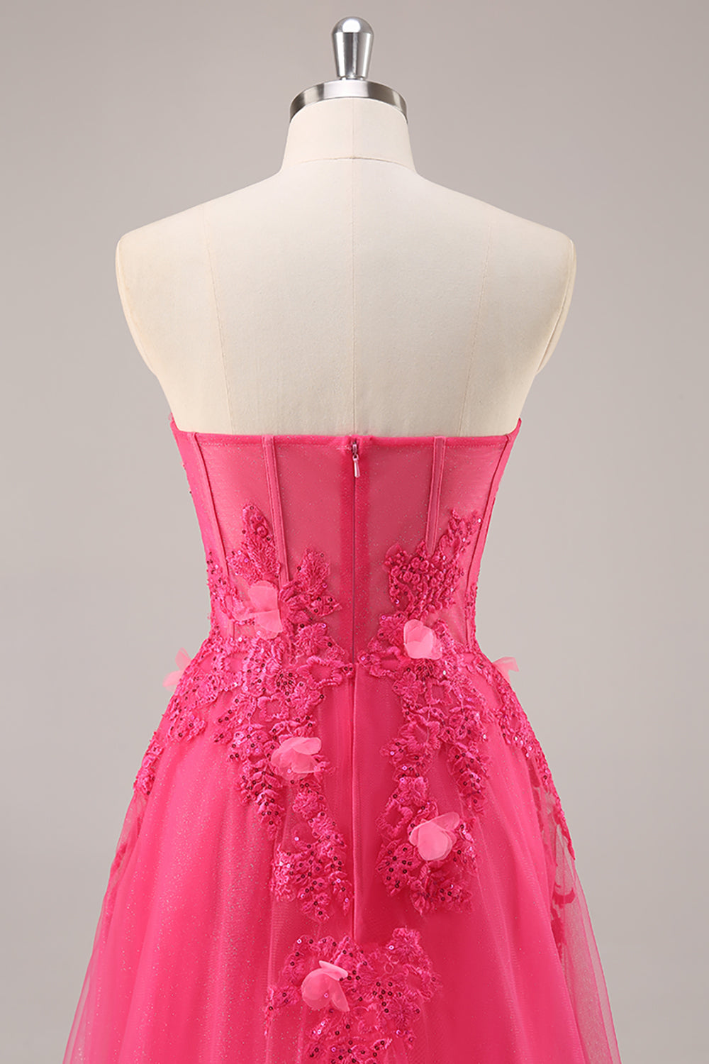 Fuchsia Floral Corset Sweetheart Appliqued Tulle Maxi Prom Dress with Slit