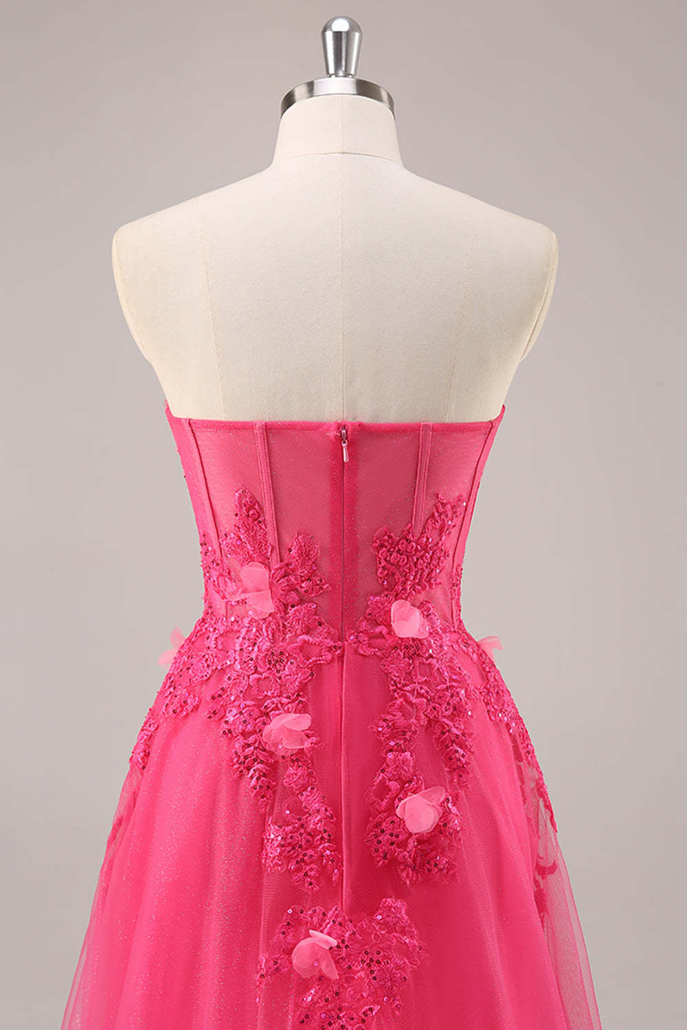 Fuchsia Floral Corset Sweetheart Appliqued Tulle Maxi Prom Dress with Slit