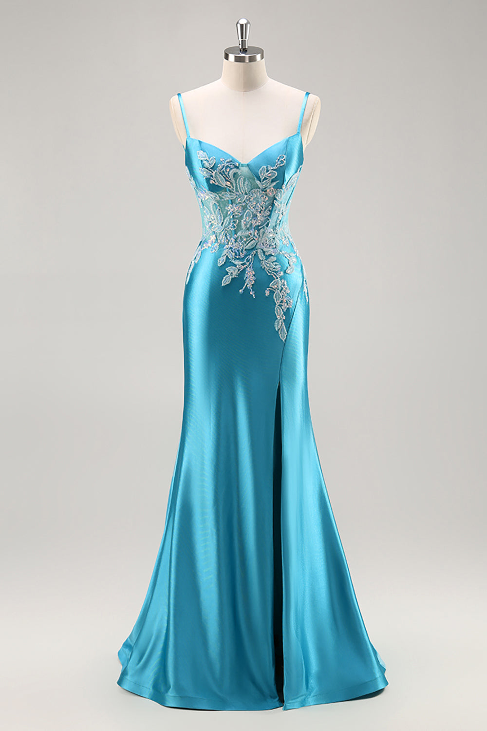 Blue Corset Appliqued Satin Mermaid Beaded Maxi Prom Dress with Slit