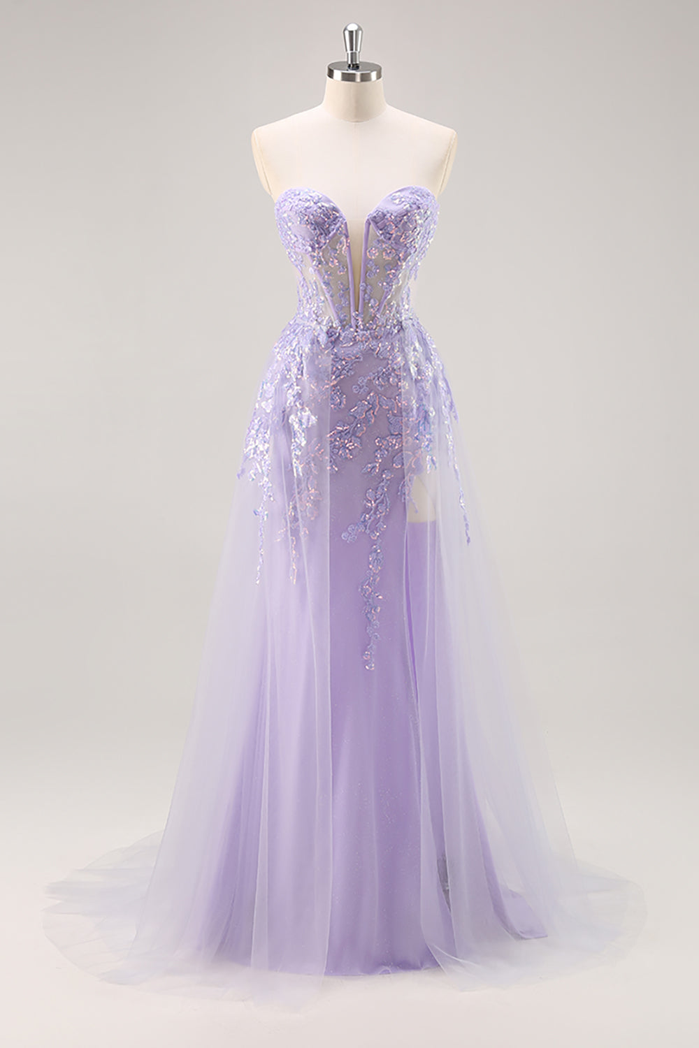 Sparkly Lilac Tulle Appliqued Corset Maxi Prom Dress with Sequins