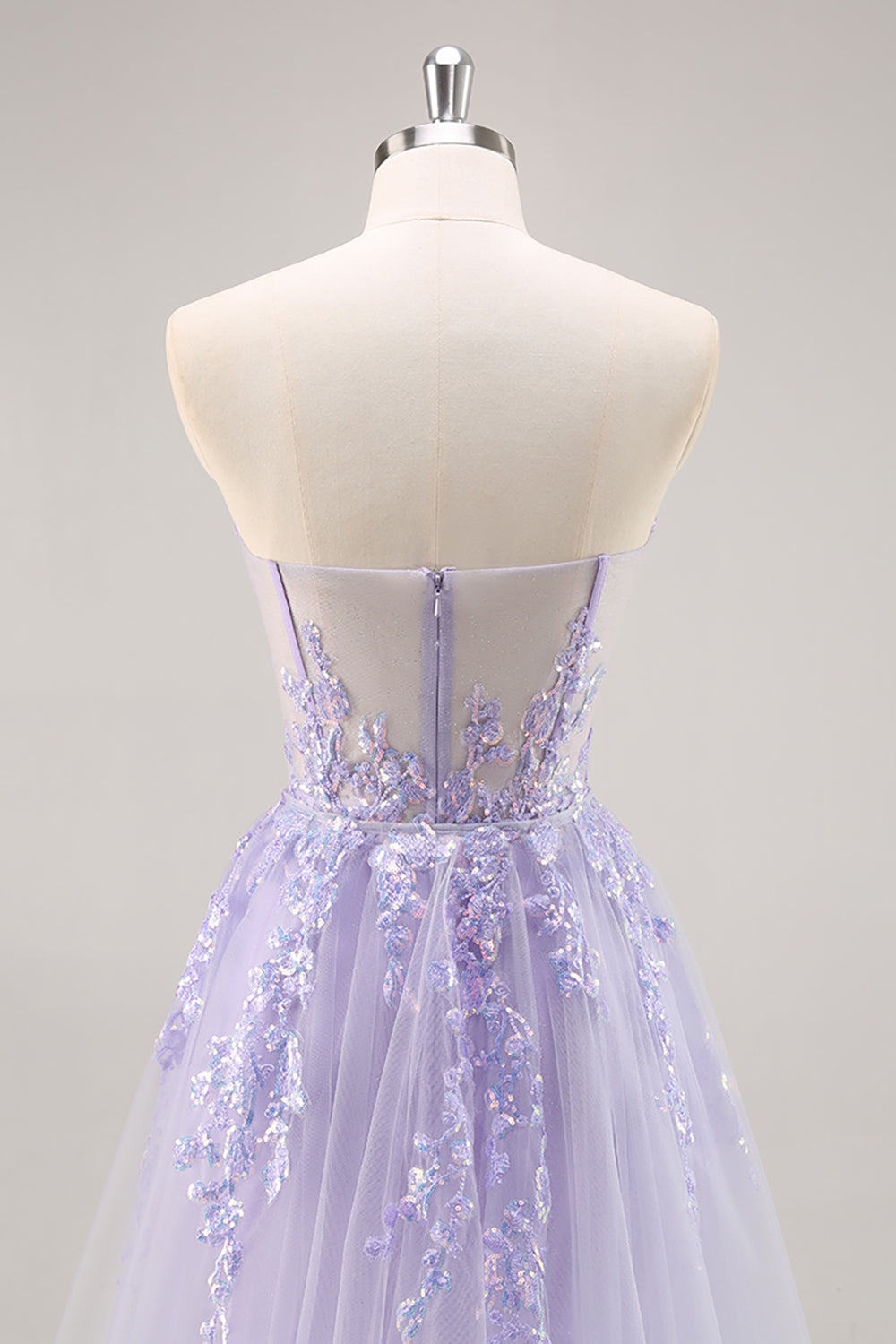 Sparkly Lilac Tulle Appliqued Corset Maxi Prom Dress with Sequins