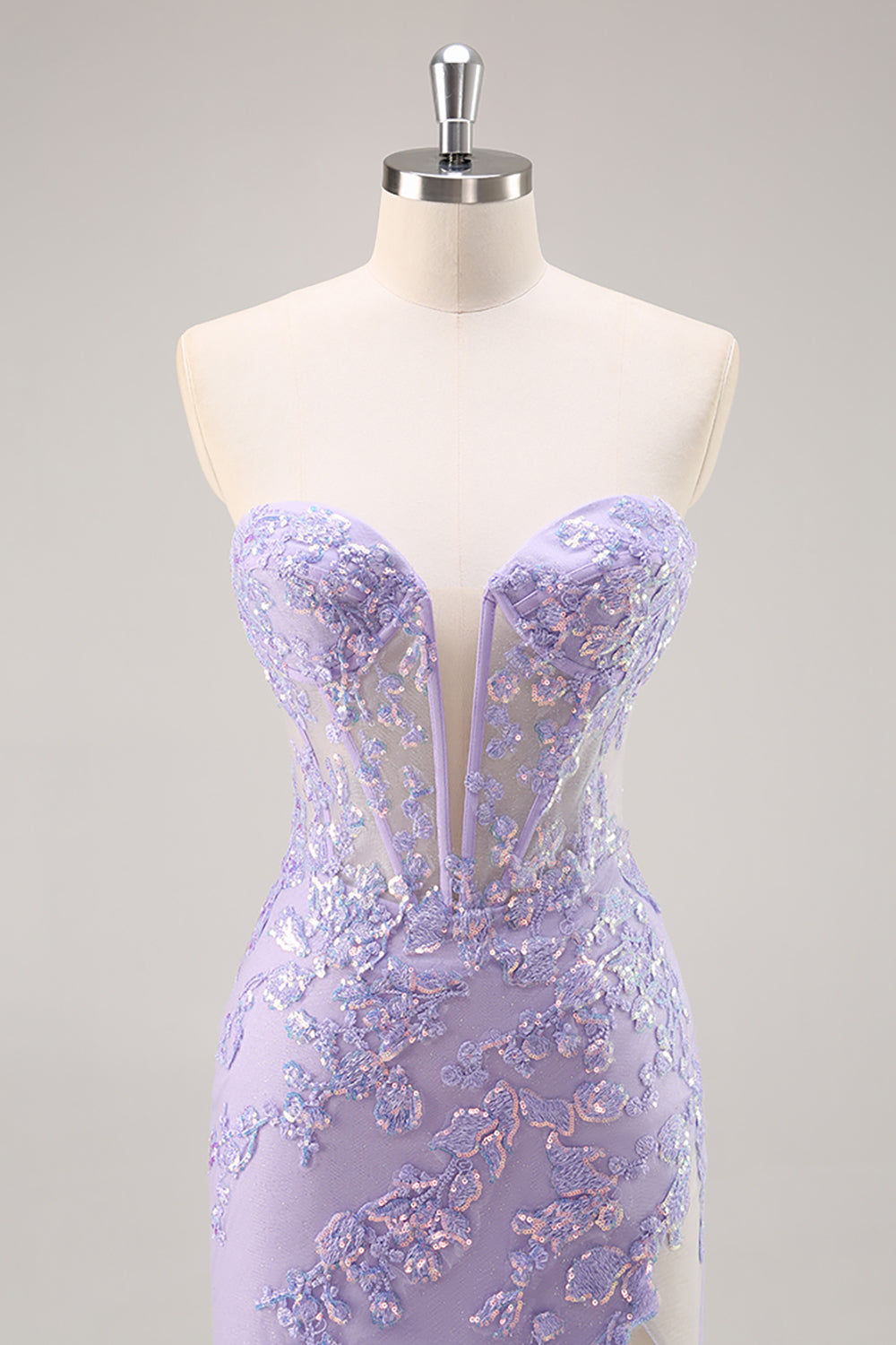 Sparkly Lilac Tulle Appliqued Corset Maxi Prom Dress with Sequins