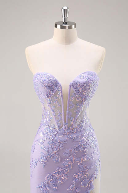 Sparkly Lilac Tulle Appliqued Corset Maxi Prom Dress with Sequins
