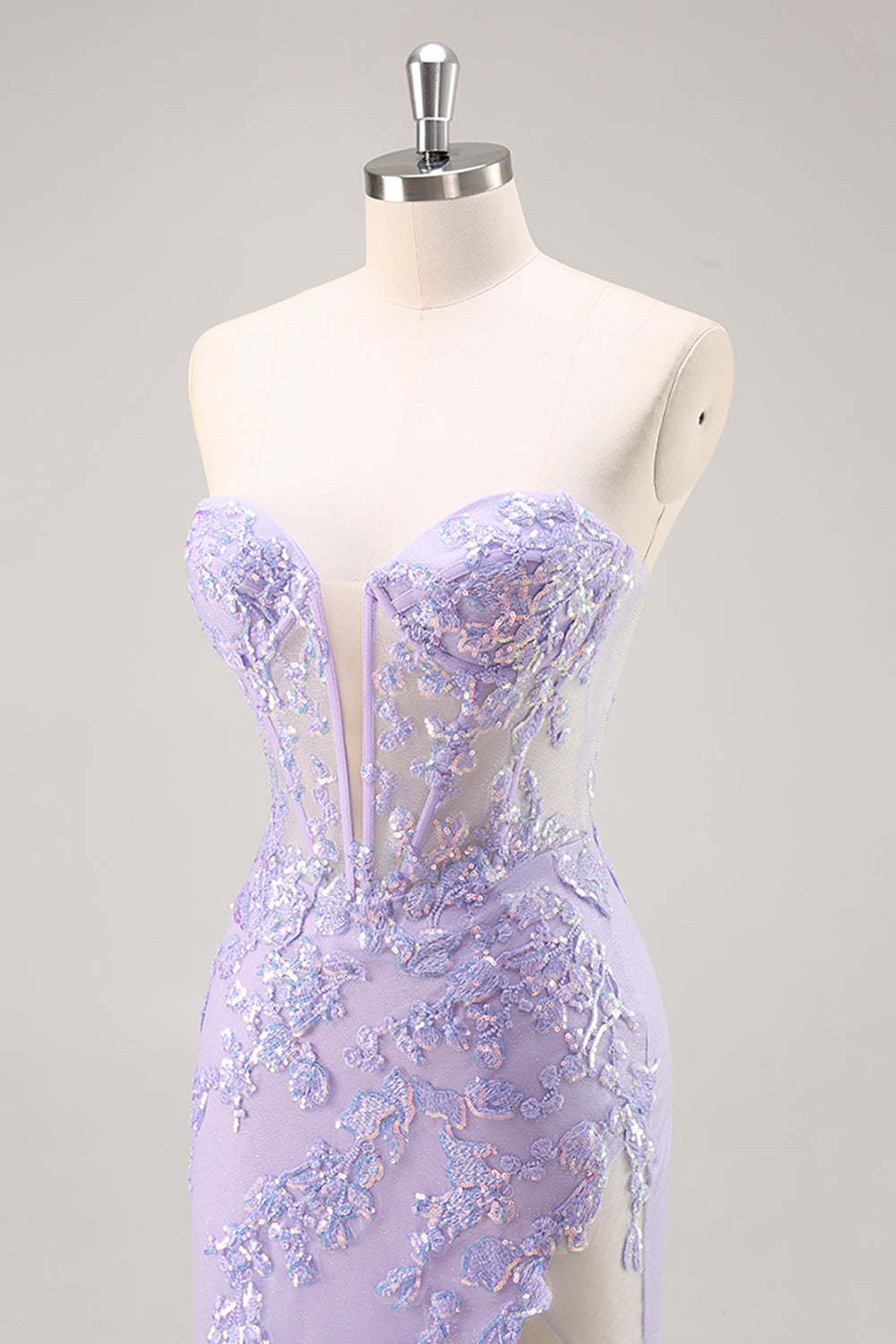 Sparkly Lilac Tulle Appliqued Corset Maxi Prom Dress with Sequins