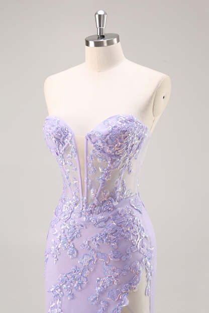Sparkly Lilac Tulle Appliqued Corset Maxi Prom Dress with Sequins