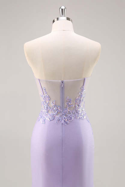 Sparkly Lilac Tulle Appliqued Corset Maxi Prom Dress with Sequins