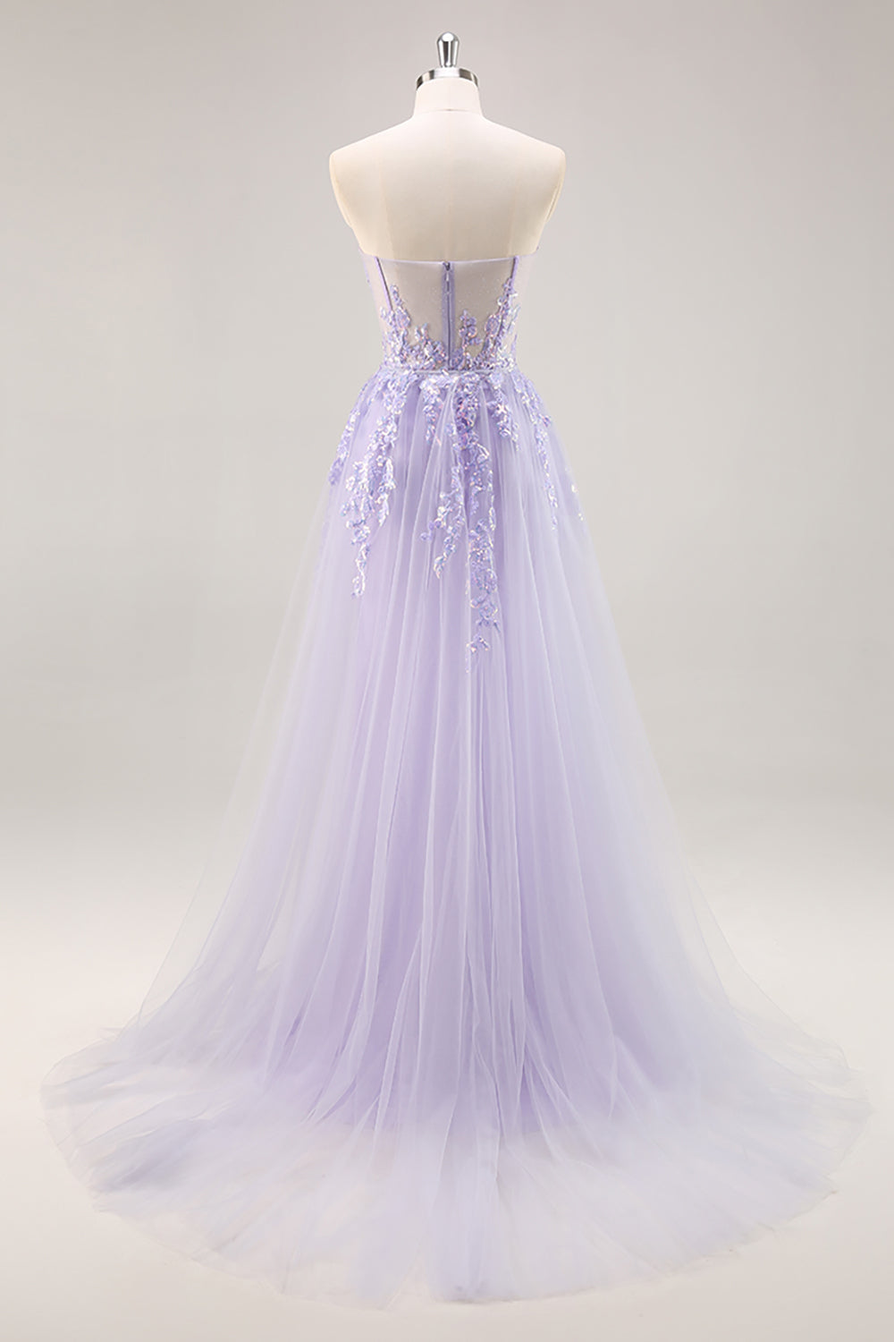 Sparkly Lilac Tulle Appliqued Corset Maxi Prom Dress with Sequins
