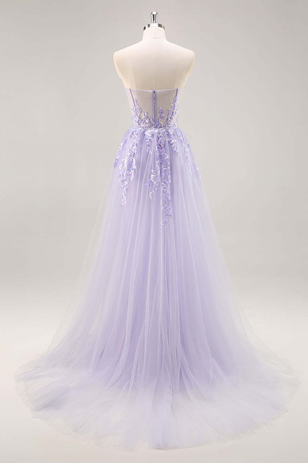 Sparkly Lilac Tulle Appliqued Corset Maxi Prom Dress with Sequins