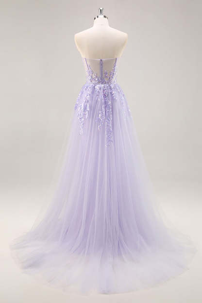Sparkly Lilac Tulle Appliqued Corset Maxi Prom Dress with Sequins