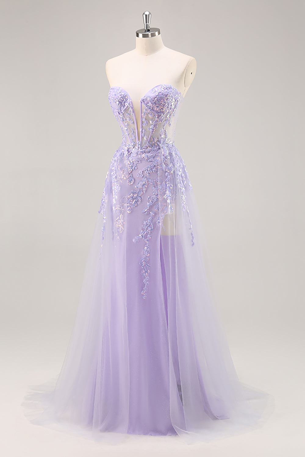 Sparkly Lilac Tulle Appliqued Corset Maxi Prom Dress with Sequins