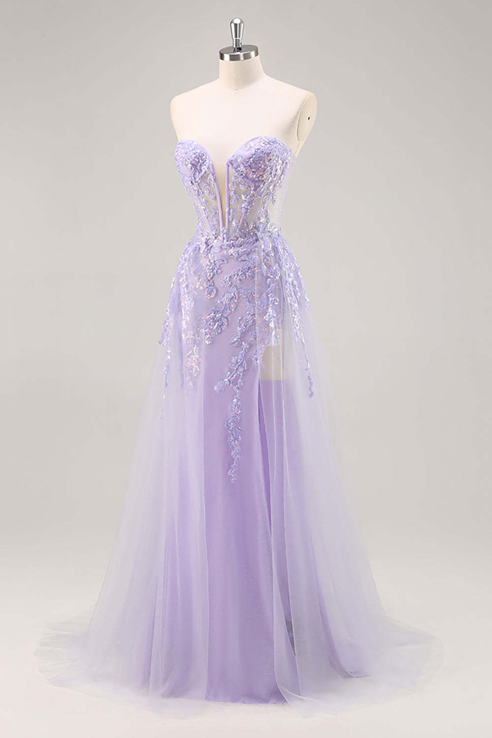 Sparkly Lilac Tulle Appliqued Corset Maxi Prom Dress with Sequins