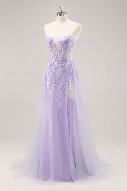 Sparkly Lilac Tulle Appliqued Corset Maxi Prom Dress with Sequins