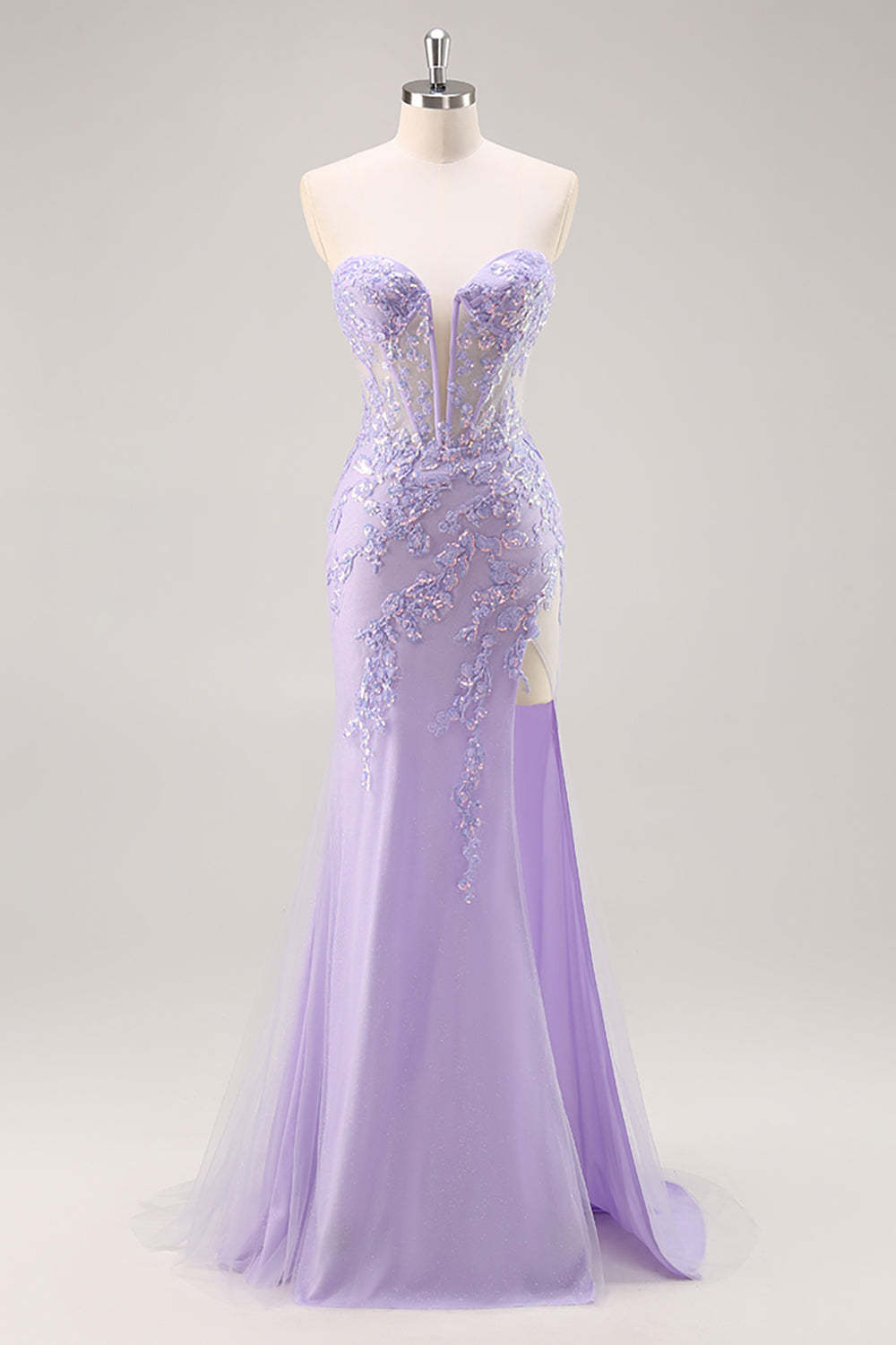 Sparkly Lilac Tulle Appliqued Corset Maxi Prom Dress with Sequins