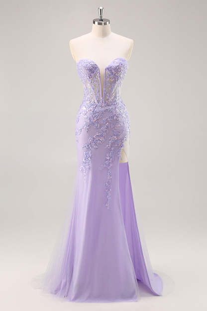 Sparkly Lilac Tulle Appliqued Corset Maxi Prom Dress with Sequins