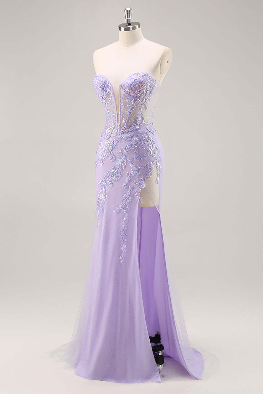 Sparkly Lilac Tulle Appliqued Corset Maxi Prom Dress with Sequins