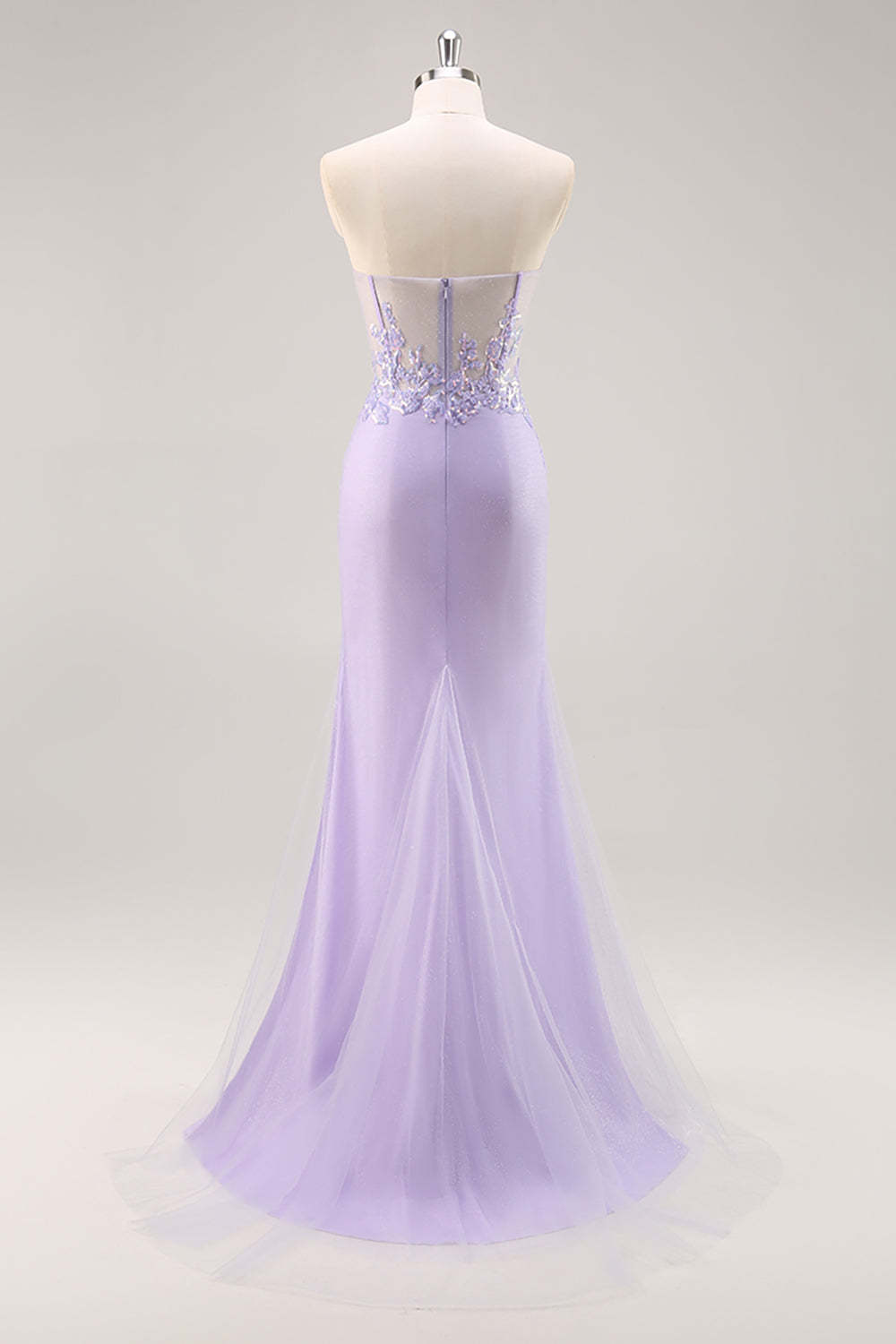 Sparkly Lilac Tulle Appliqued Corset Maxi Prom Dress with Sequins
