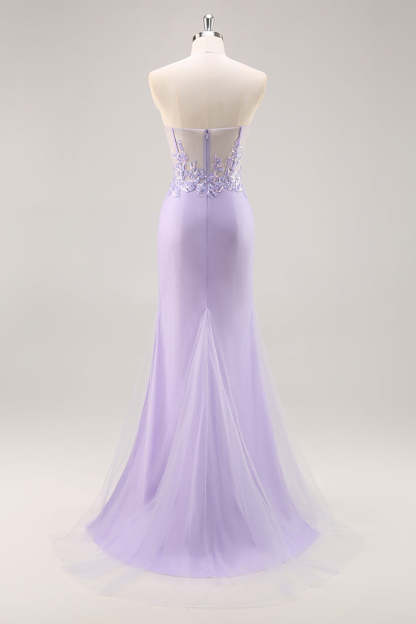 Sparkly Lilac Tulle Appliqued Corset Maxi Prom Dress with Sequins