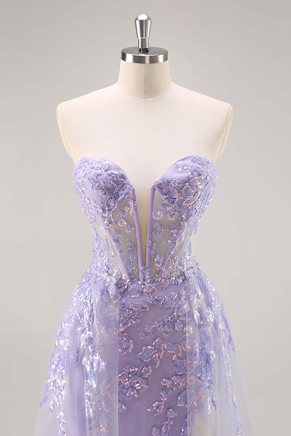 Sparkly Lilac Tulle Appliqued Corset Maxi Prom Dress with Sequins