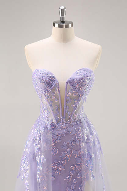 Sparkly Lilac Tulle Appliqued Corset Maxi Prom Dress with Sequins