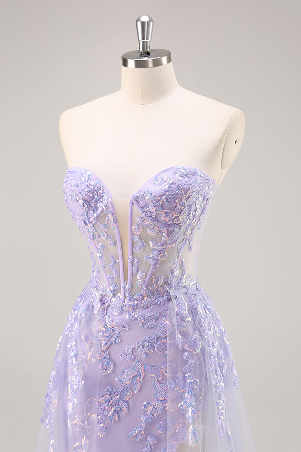 Sparkly Lilac Tulle Appliqued Corset Maxi Prom Dress with Sequins