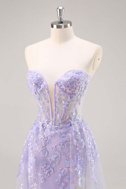 Sparkly Lilac Tulle Appliqued Corset Maxi Prom Dress with Sequins
