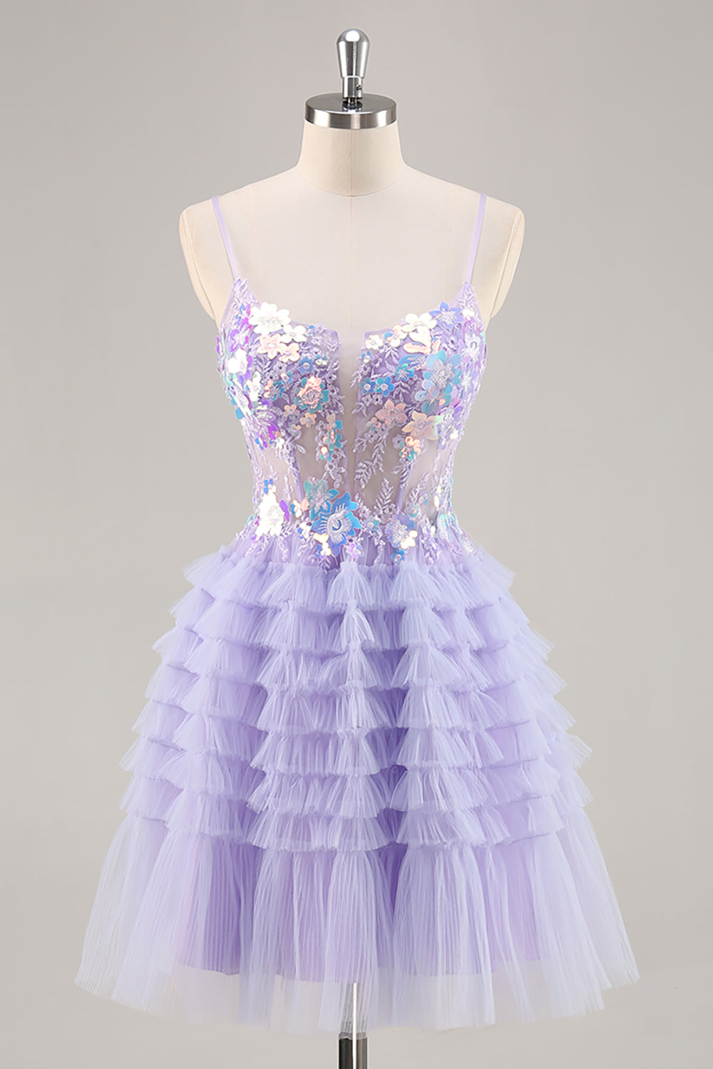 Sparkly Purple Floral Corset Tiered Short Homecoming Dress with Sequins