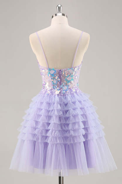 Sparkly Purple Floral Corset Tiered Short Homecoming Dress with Sequins
