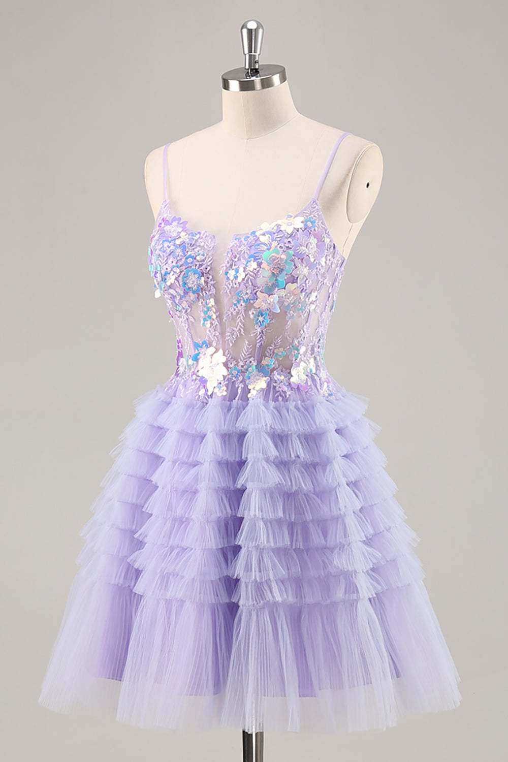 Sparkly Purple Floral Corset Tiered Short Homecoming Dress with Sequins