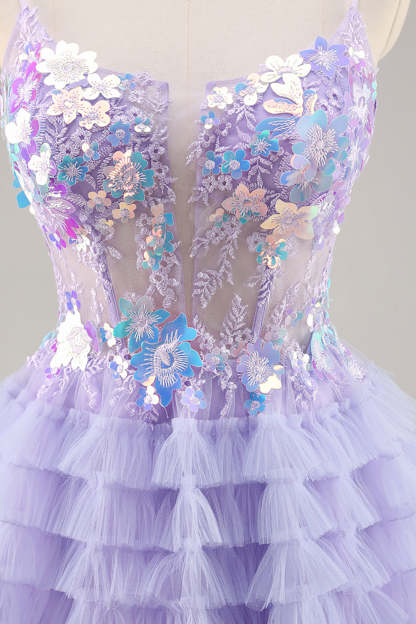 Sparkly Purple Floral Corset Tiered Short Homecoming Dress with Sequins