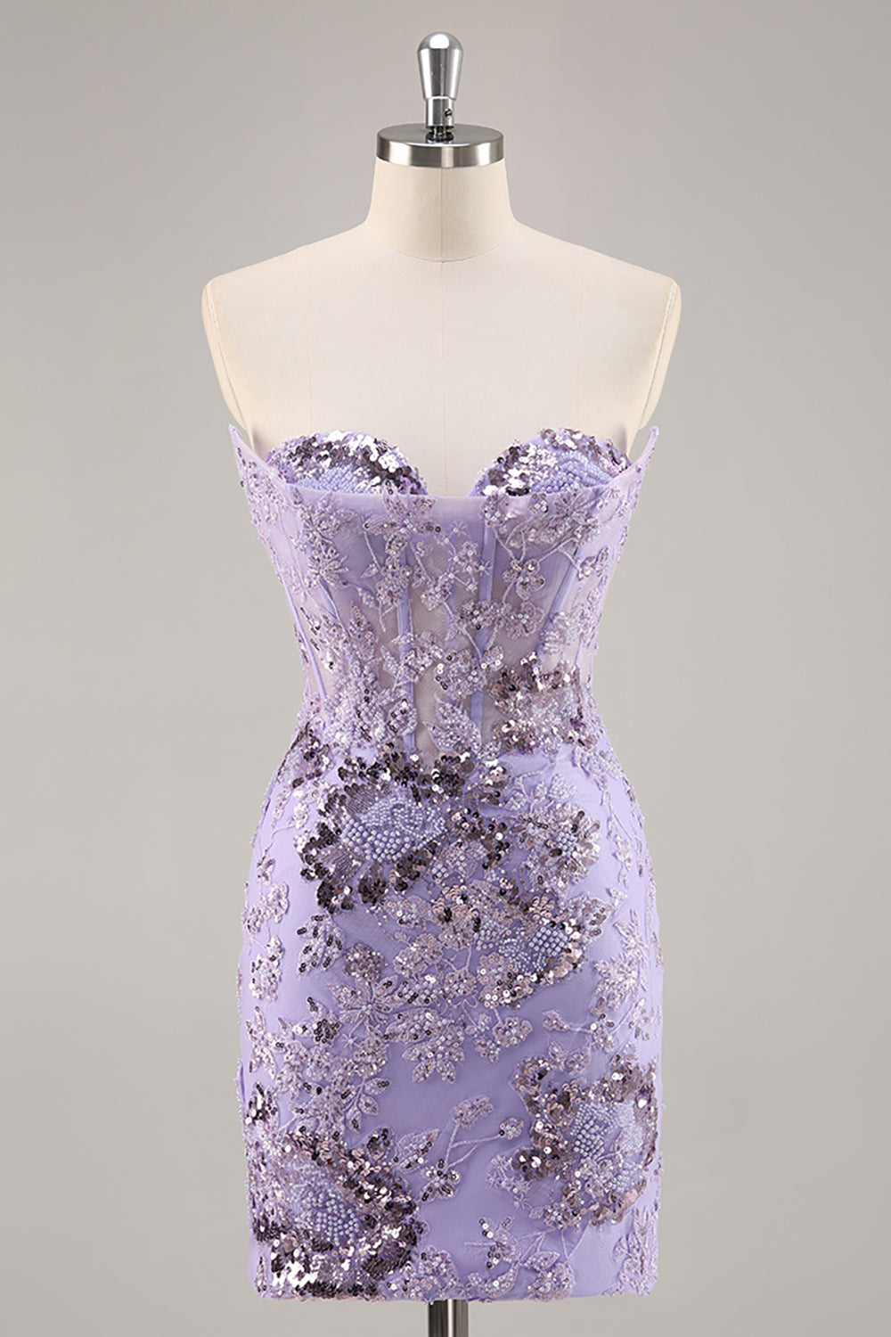 Sparkly Purple Corset Sequin Floral Mini Homecoming Dress with Beading
