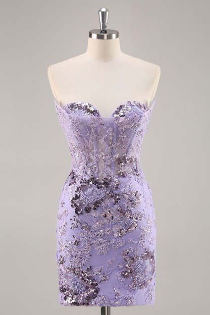Leely Women Sparkly Purple Corset Mini Homecoming Dress with Lace Sequins Beaded Bodycon Sweetheart Lace Up Back Cocktail Dress